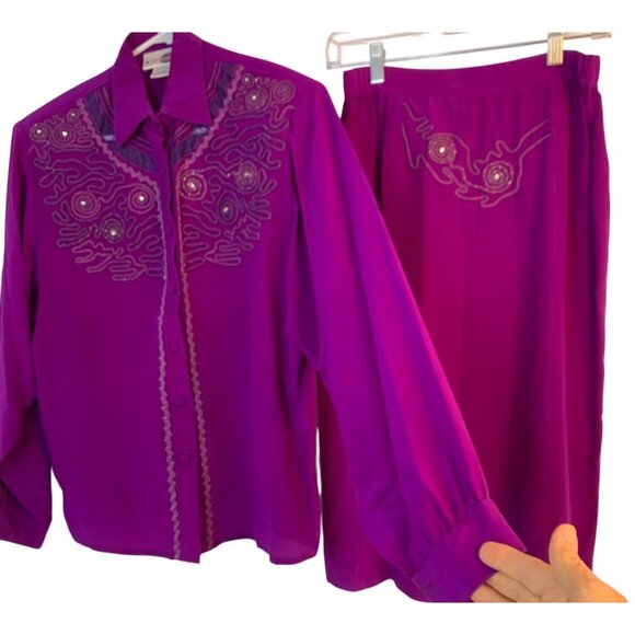 Vintage 80s Lé Club Purple Silk Skirt & Blouse Set Size 7/8 RBB10716 EUC 100% Si - Picture 1 of 8